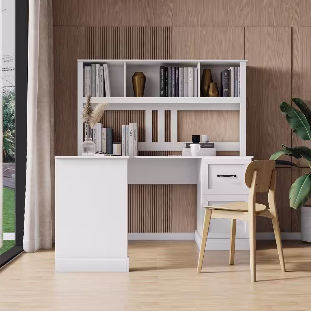 None 59 in. L-Shape Antiqued White Wood Home Office Desk Computer Desk Corner Writing Desk Bookshelf with Drawers and Hutch