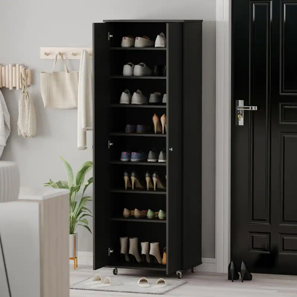 FUFU&GAGA 23.6 in. W x 70.9 in. H 24-Pair Black Wood 2-Door Shoe Storage Cabinet with Wheels