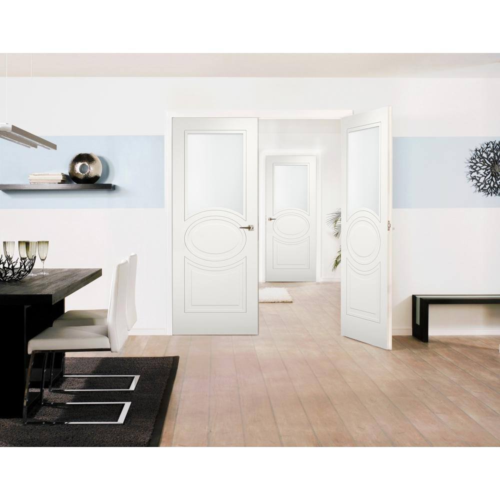 VDOMDOORS 7012 72 in. x 96 in. Universal Handling 1/2 Lite Frosted Glass Solid White Finished Pine MDF Double Prehung French Door