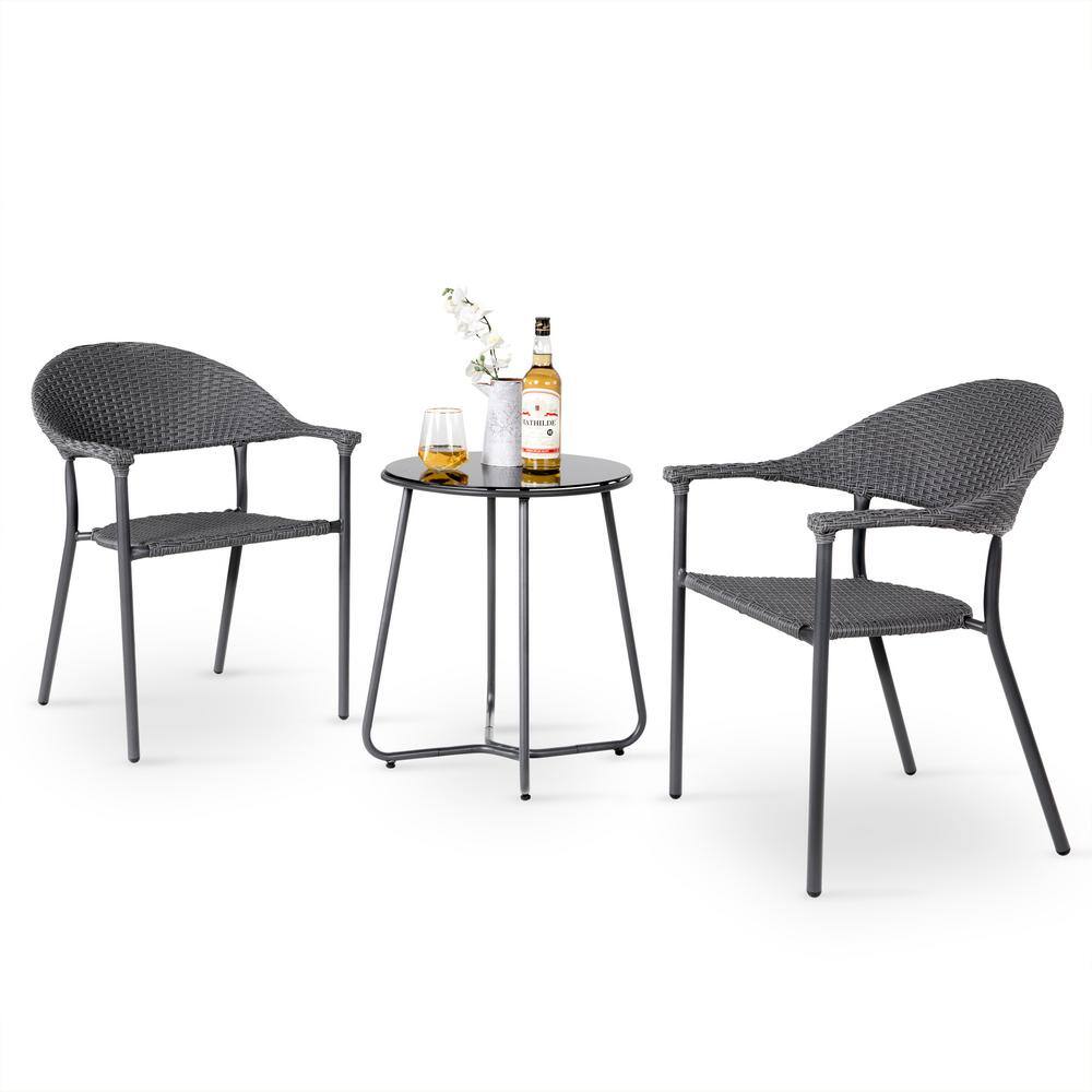 Nuu Garden Black 3-Piece Wicker Woven Outdoor Patio Bistro Set