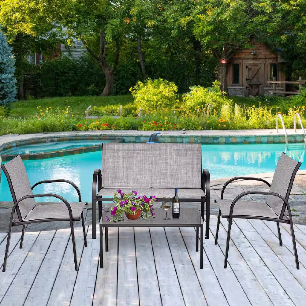Costway Gray 4-Pieces Metal Frame Patio Conversation Furniture, Sofa Black Table, Garden Deck Seating Set