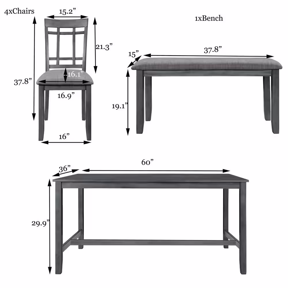 Harper & Bright Designs 6-Piece Wood Top Gray Dining Table Set with 4 Chairs and 1 Bench