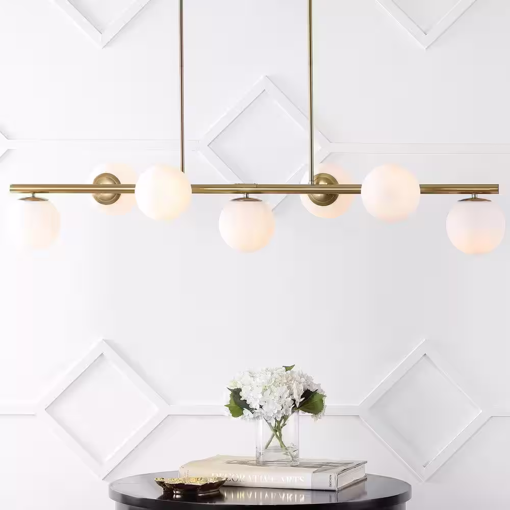 JONATHAN Y Luca Parisian 53 in. 7-Light Brass Gold/White Modern Glam Iron Globe Linear LED Pendant, Brass Gold