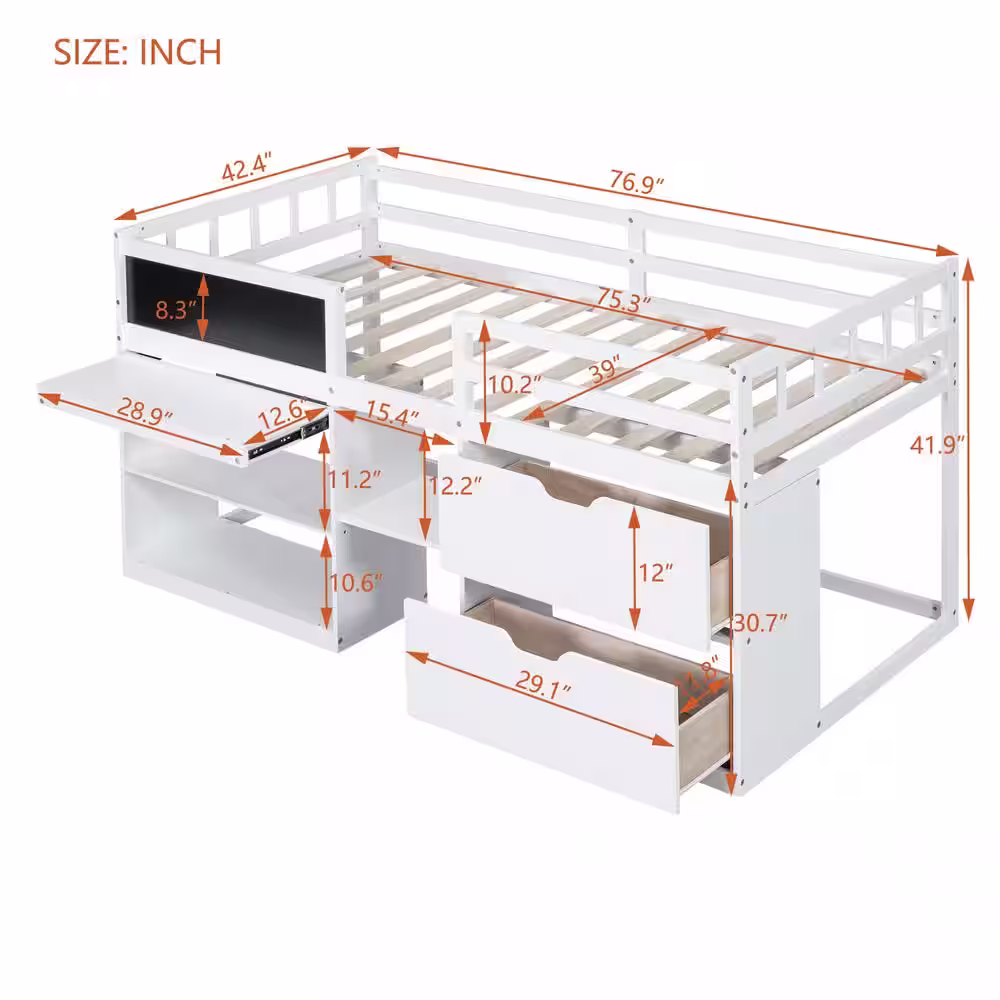 Harper & Bright Designs White Twin Size Wood Low Loft Bed with Blackboard, Rolling Desk, Bookshelf and 2 Drawers