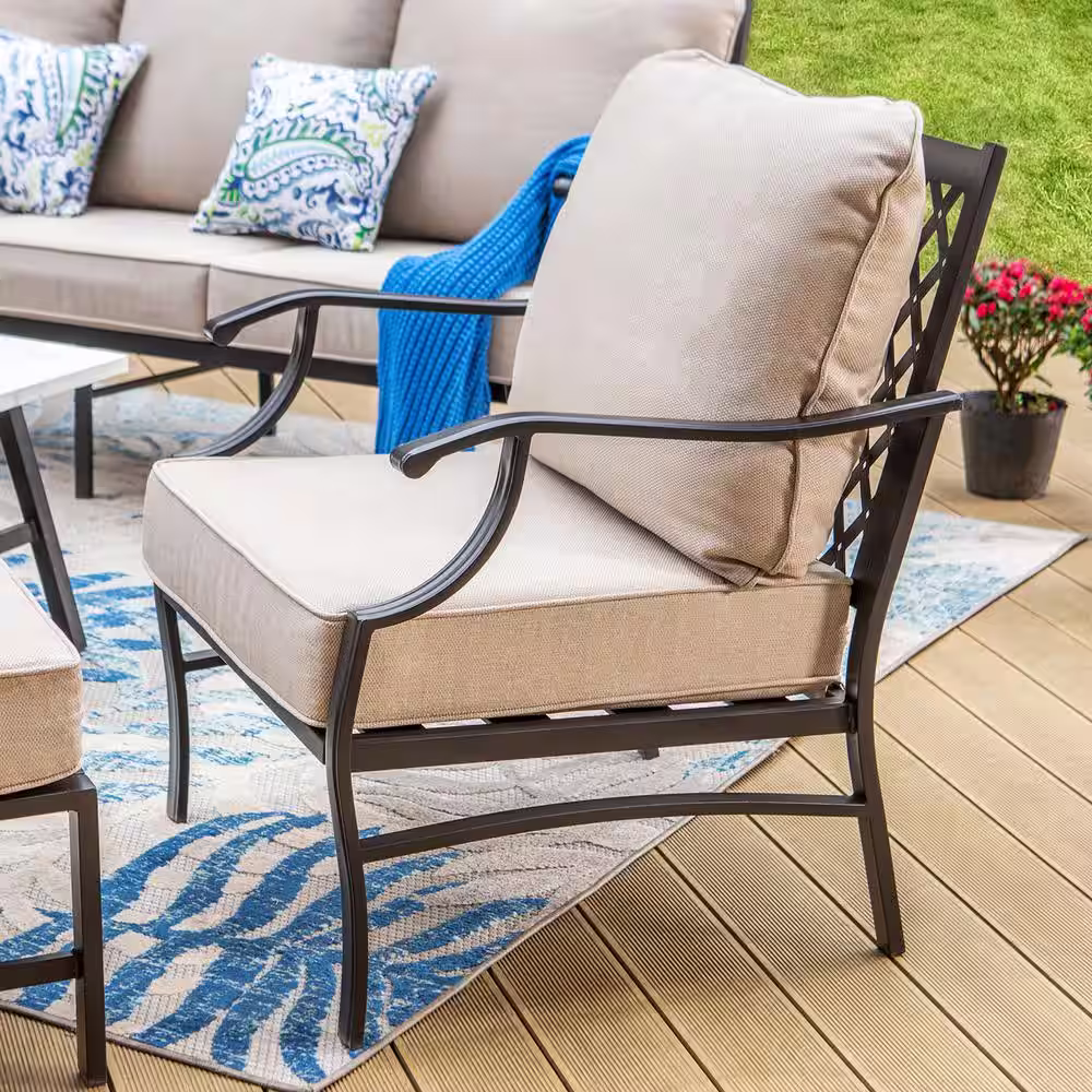 None Black 5-Piece Metal Meshed 7-Seat Outdoor Patio Conversation Set with Beige Cushions and 2 Ottomans