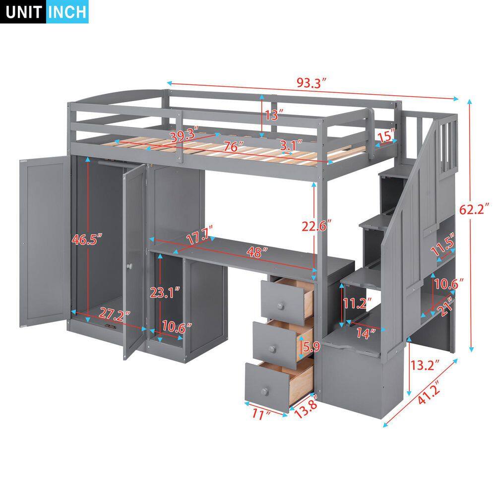 Harper & Bright Designs Multifunctional Gray Twin Size Wooden Loft Bed with Wardrobe, Cabinet, Desk, Drawers And Storage Staircase