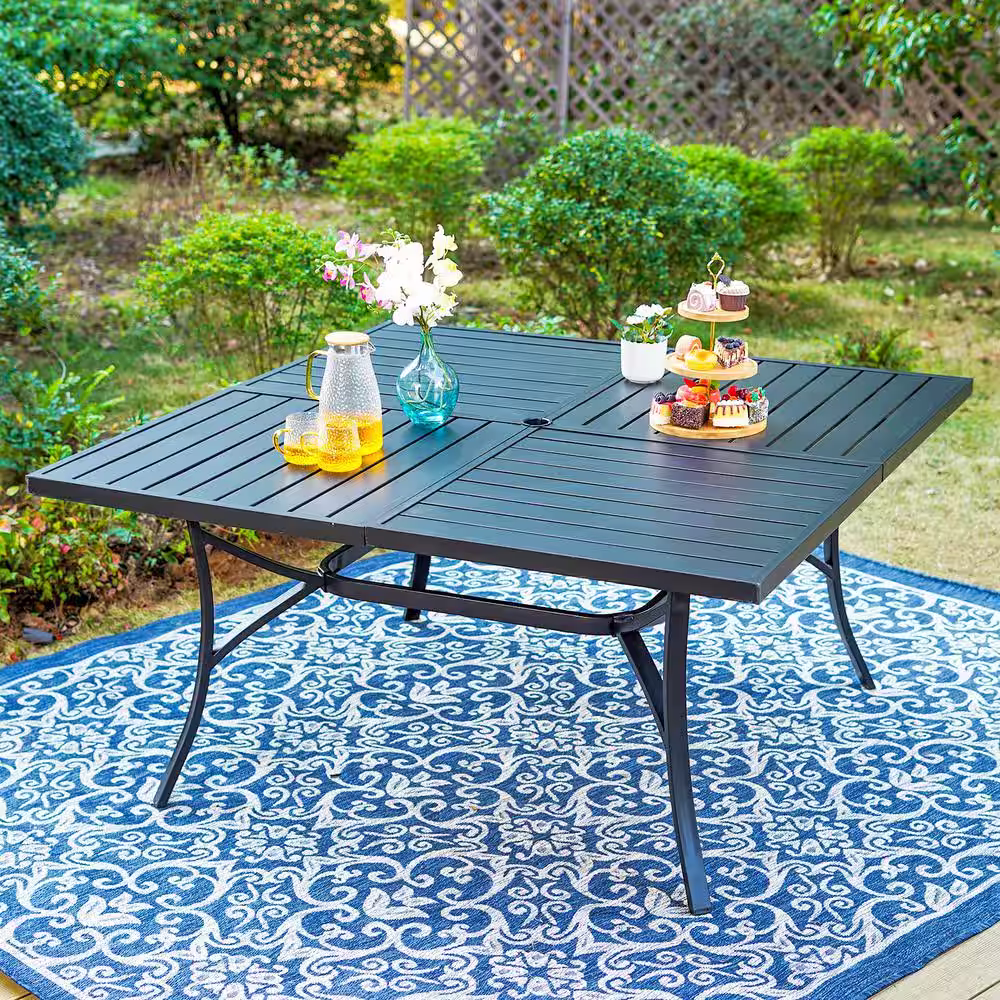 None Black 9-Piece Metal Patio Outdoor Dining Set with Slat Square Table and Blue Textilene Chairs