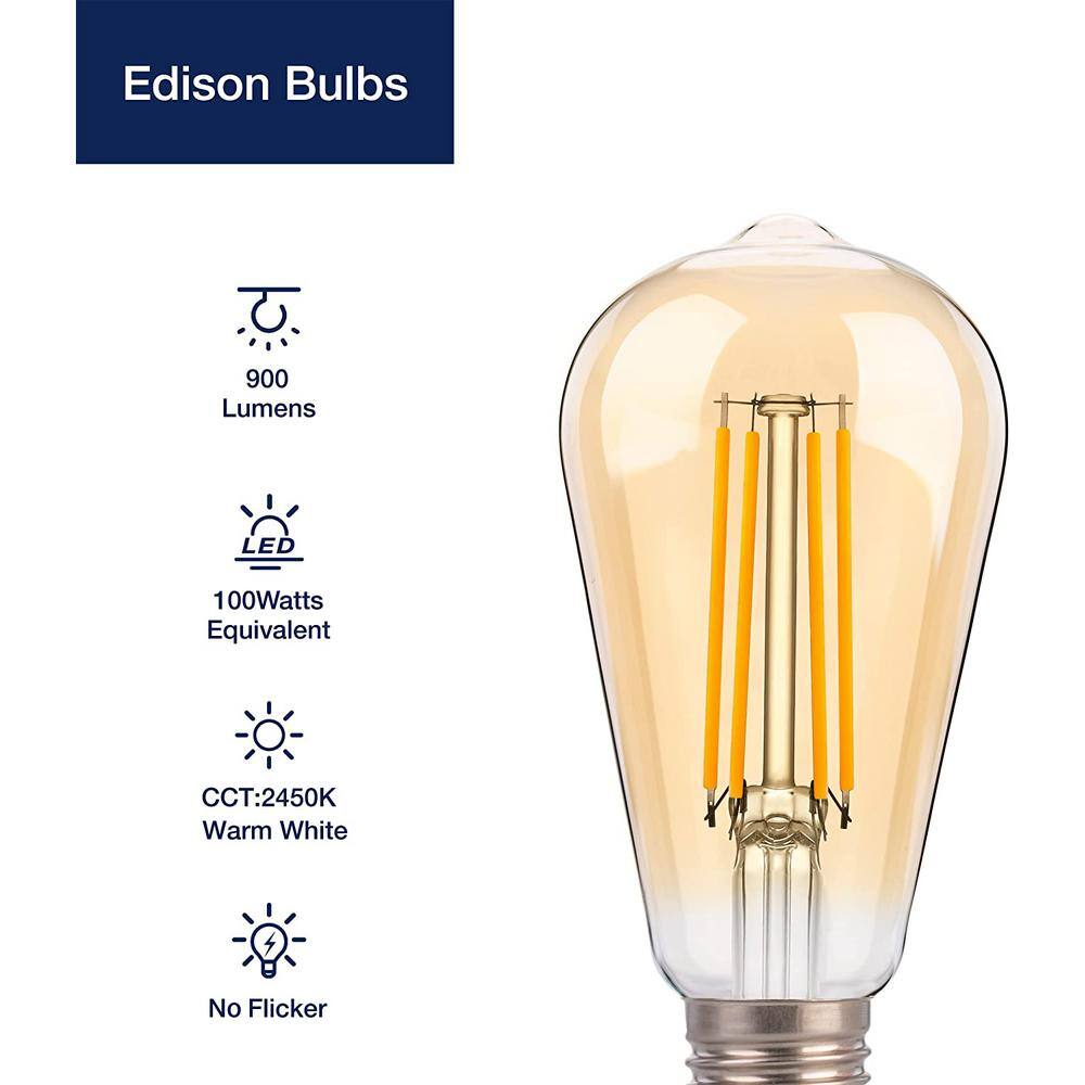 None 100-Watt Equivalent ST19 Dimmable LED Straight Filament Vintage Edison Light Bulb E26 Base, 2450K Warm White (12-Pack)