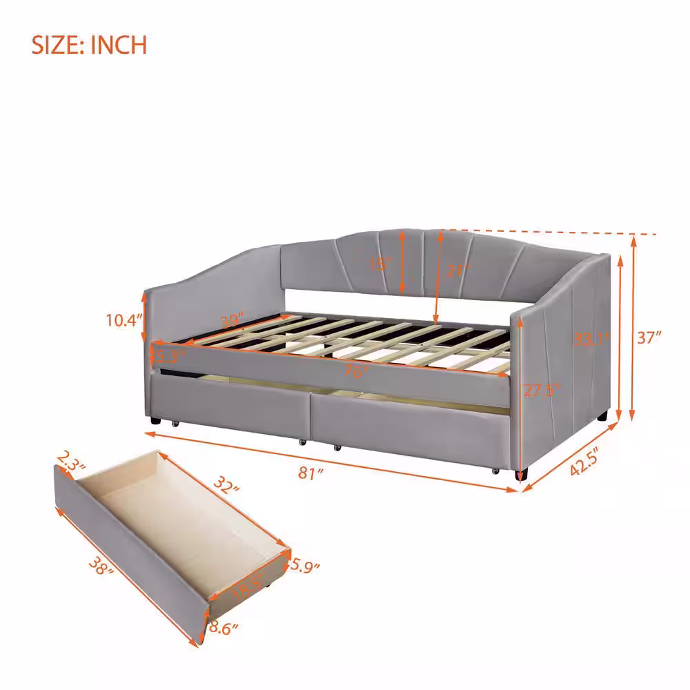 Harper & Bright Designs Elegant Gray Twin Size Upholstered Wood Daybed with 2 Drawers