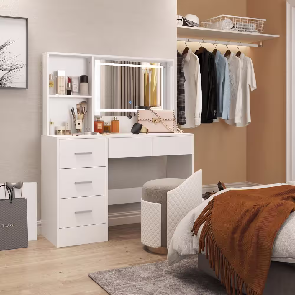 None 5-Drawers White Wood Makeup Vanity Table Dresser Sets Dressing Desk with LED Mirror and Open Shelves