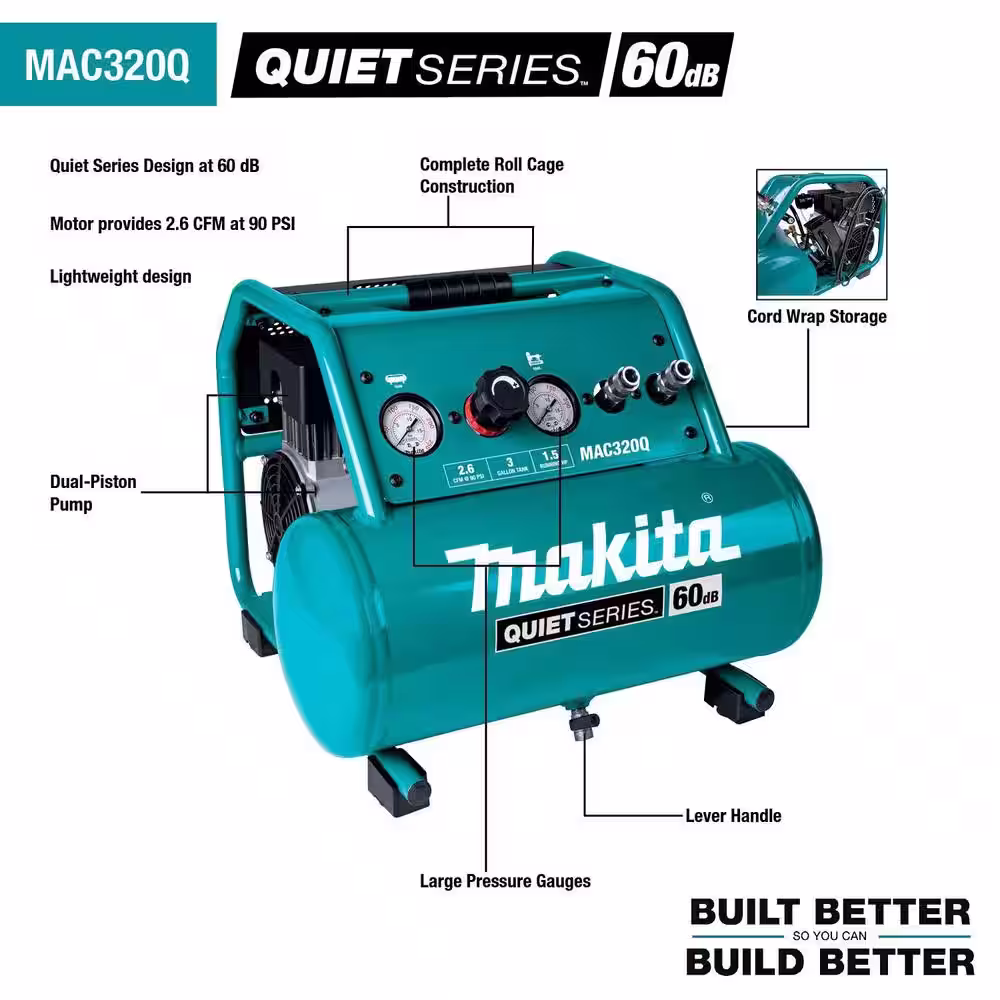 Makita 3 Gal. Quiet Series 1.5 HP Electric Oil-Free Air Compressor with Bonus Pneumatic 2 in. 18-Gauge Brad Nailer