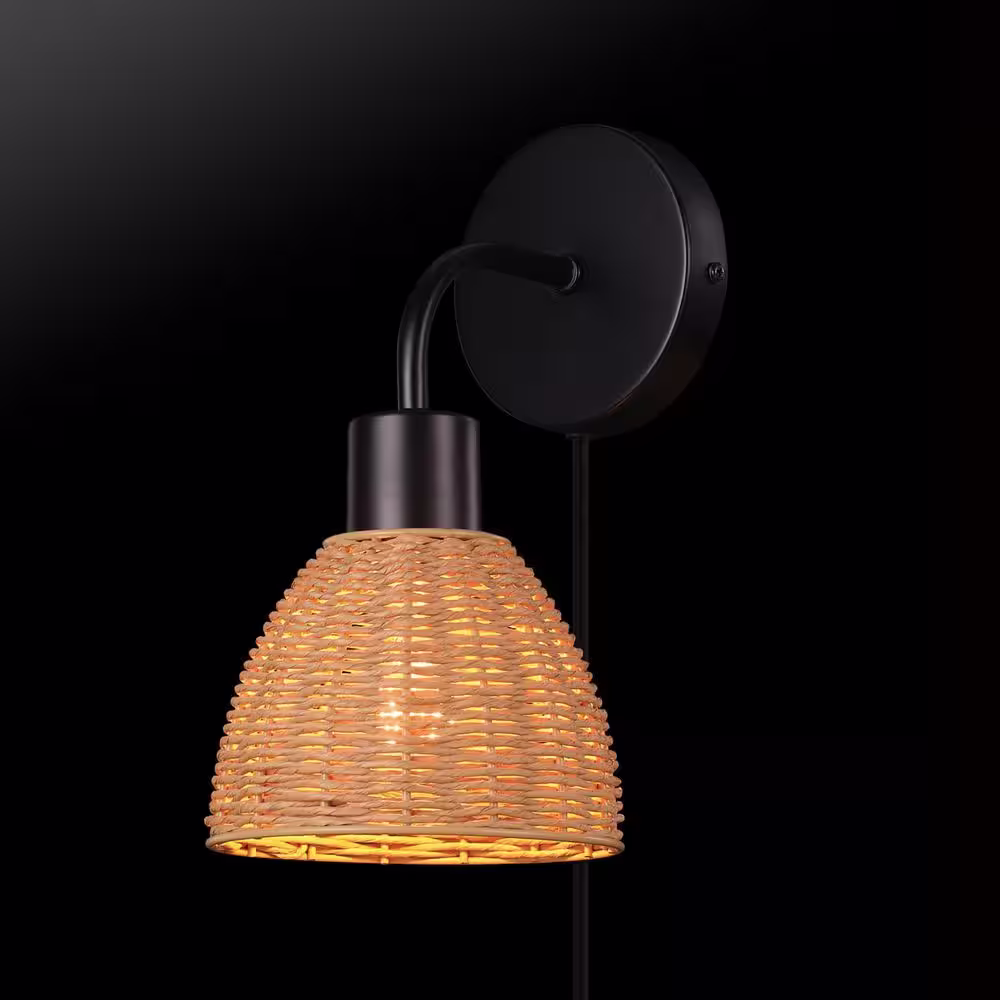 Globe Electric 1-Light Matte Black Plug-In or Hardwire Wall Sconce with Rattan Shade, 6 ft. Black Cord, In-Line On/Off Rocker Switch
