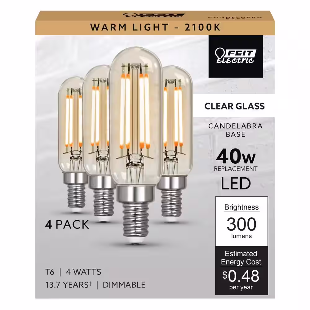 Feit Electric 40-Watt Equivalent T6 Dimmable Straight Filament Clear Glass E12 Candelabra Vintage LED Light Bulb, Warm White (12-Pack)