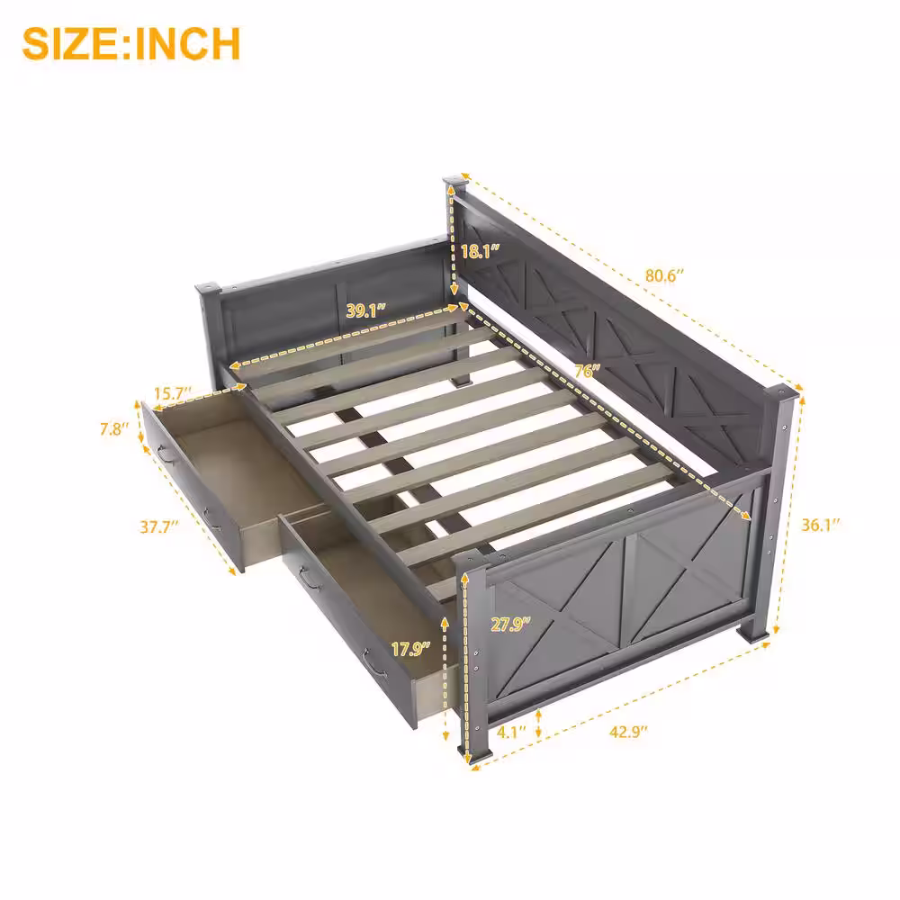 Harper & Bright Designs Gray Twin Size Daybed with 2-Large Drawers and X-Shaped Frame