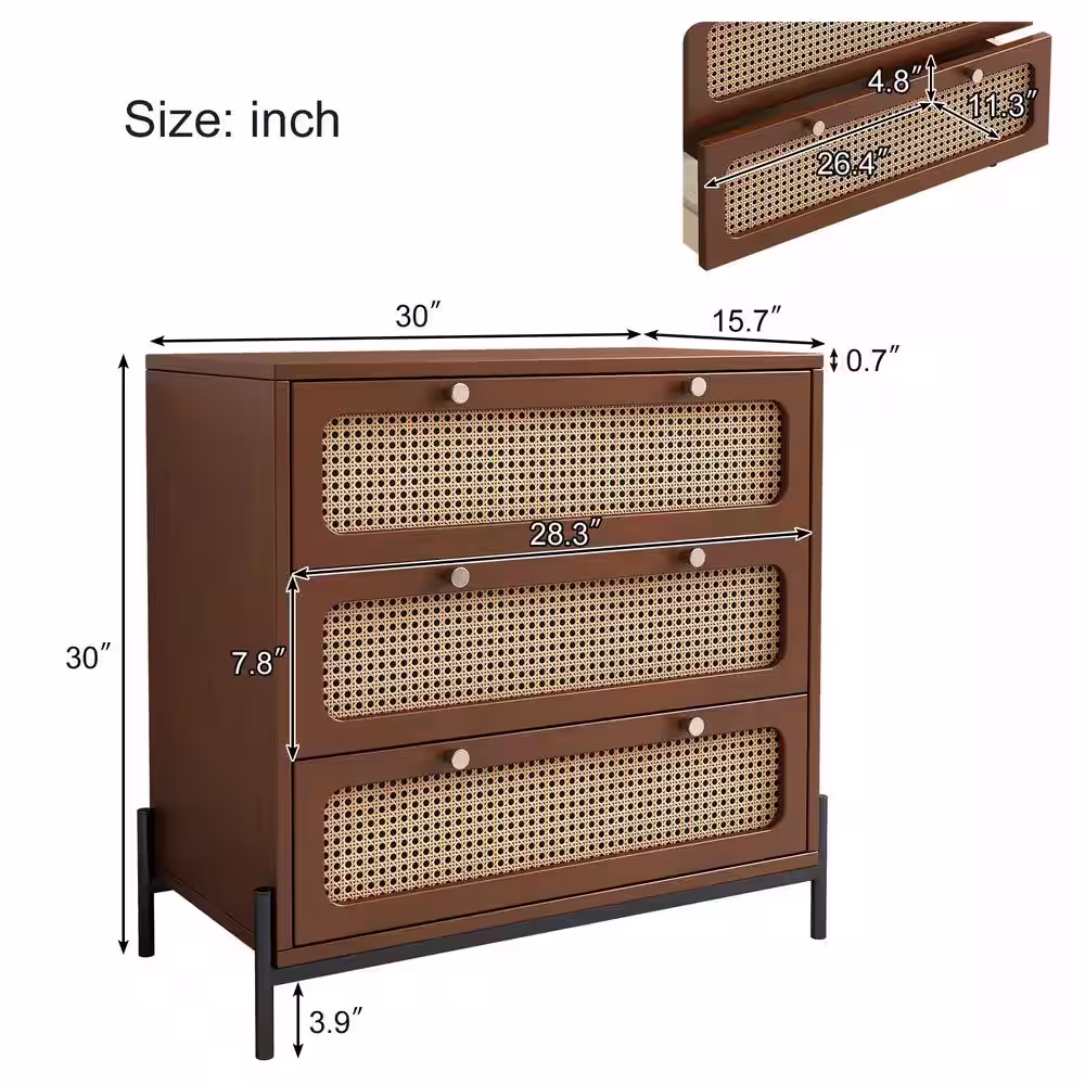Harper & Bright Designs Walnut Modern Cannage Rattan Wood 3-Drawer 30 in. Wide Chest of Drawers