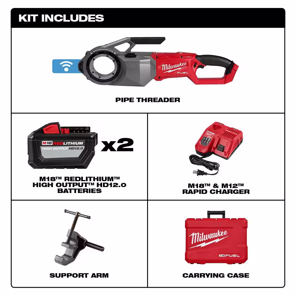Milwaukee M18 Fuel One-Key Cordless Brushless Pipe Threader Kit w/(2) 12.0Ah Batteries & 3/4 in. Alloy NPT Aluminum Die Head