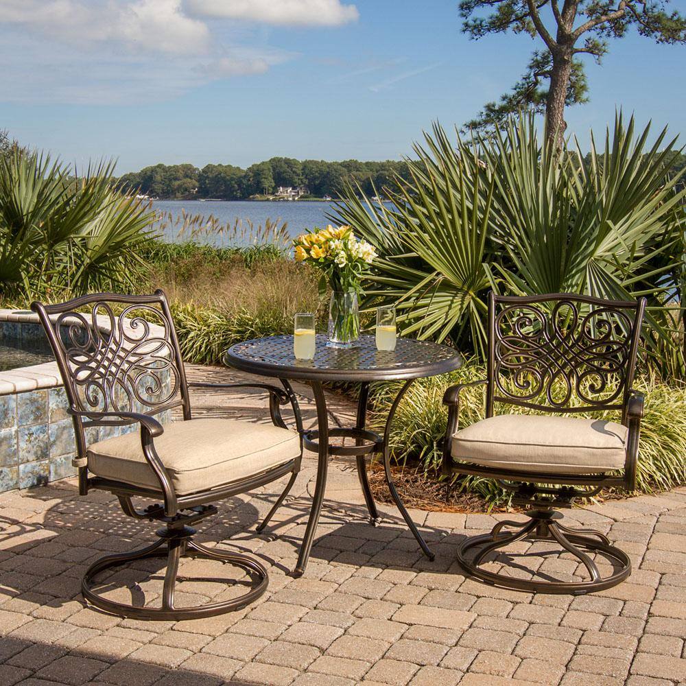 Cambridge Seasons 3-Piece Aluminum Outdoor Bistro Set with Swivel Rockers, Table with Tan Cushions