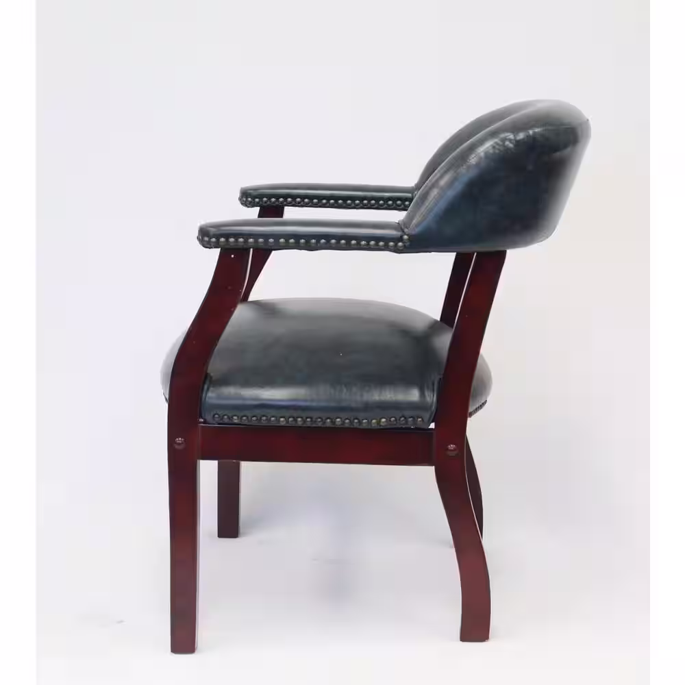 BOSS Office Products Antique Blue Vinyl Traditional Captains Chair, Mahogany Wood Finish, Brass Nail Heads