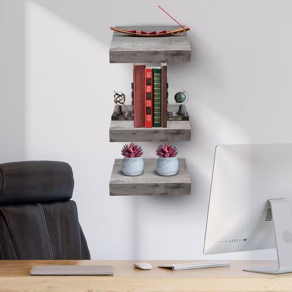 Sorbus 9.25 in x 9.25 in x 1.5 in Rustic Gray Wood, Square Decorative Wall Shelves with Brackets (3-Pack)