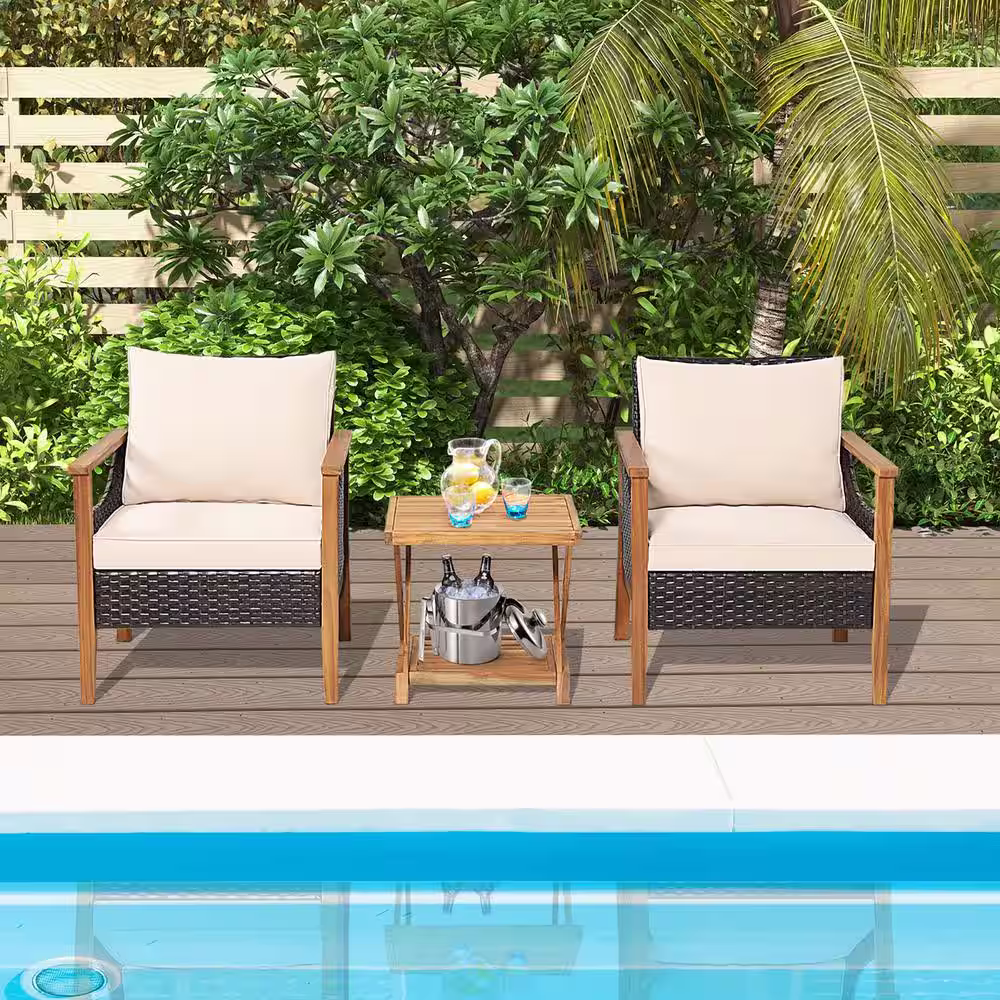 None 3 Piece PE Wicker Patio Outdoor Bistro Set Acacia Wood Set with 2-Tier Coffee Table and Cushions