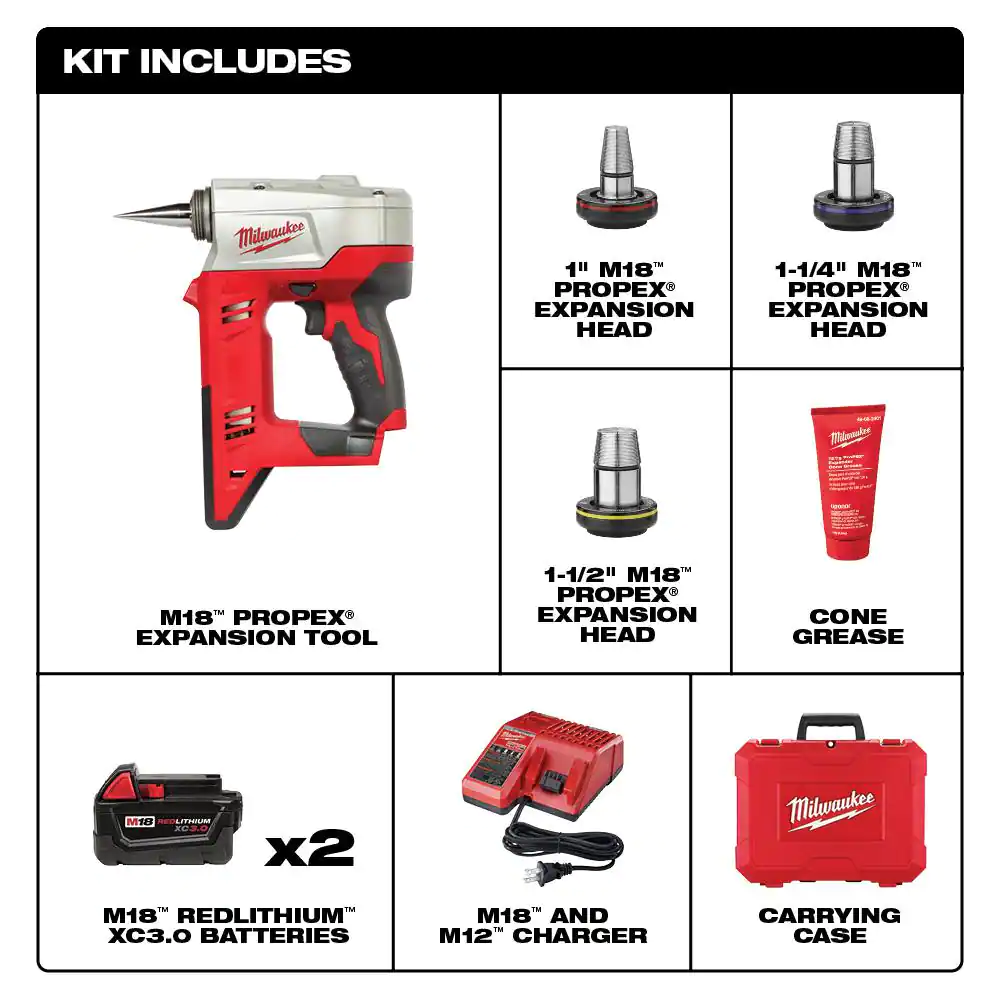 Milwaukee M18 18-Volt Lithium-Ion Cordless 3/8 in. to 1-1/2 in Expansion Tool Kit with 3 Heads, Two 3.0Ah Batteries
