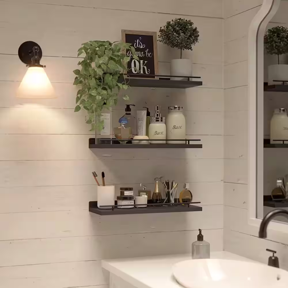 None 15.7 in. W x 6 in. D Black Wood Composite Decorative Wall Shelf Floating Shelves, Set of 3