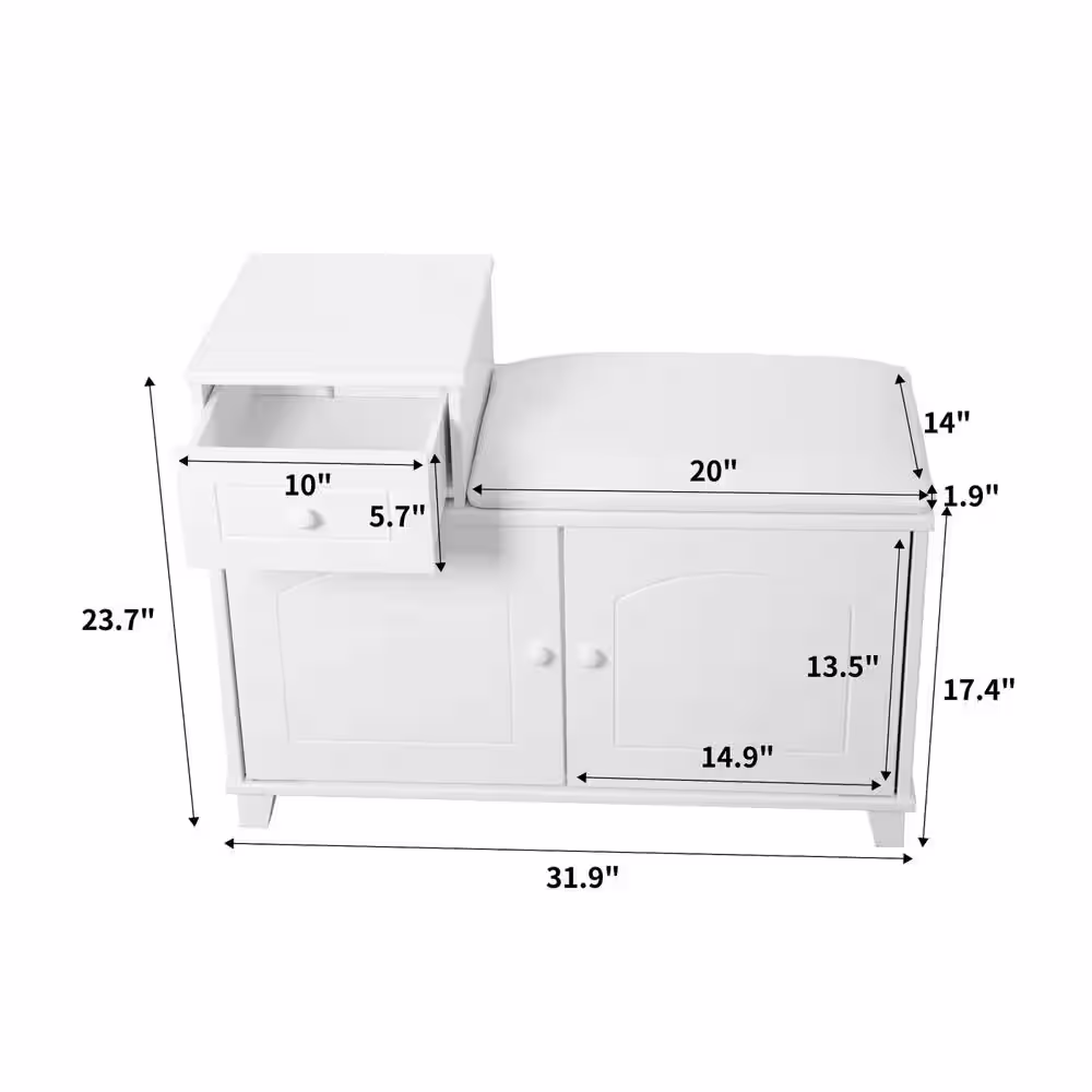 None Entry Luxury 32 in. D x 14 in. W x 24 in. H White Wooden Shoe Storage Bench with Cushion and Drawer