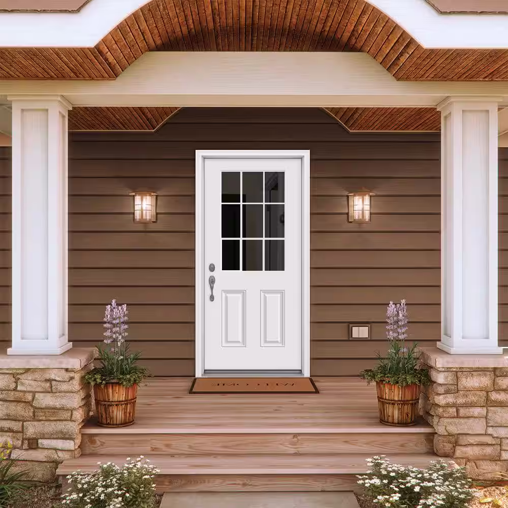 JELD-WEN 36 in. x 80 in. 9 Lite Primed Fiberglass Prehung Entry Door with Brickmould