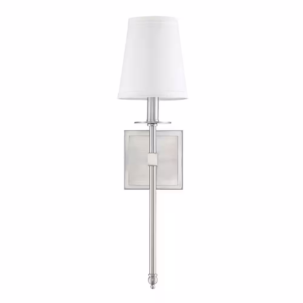 Savoy House Monroe 5 in. W x 20 in. H 1-Light Satin Nickel Wall Sconce with White Fabric Shade