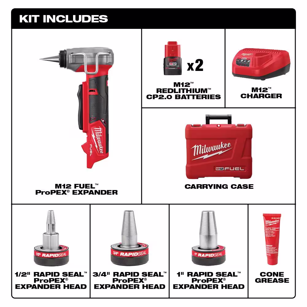 Milwaukee M12 FUEL ProPEX Expander Tool Kit with 1/2 in. - 1 in. RAPID SEAL ProPEX Expander Heads