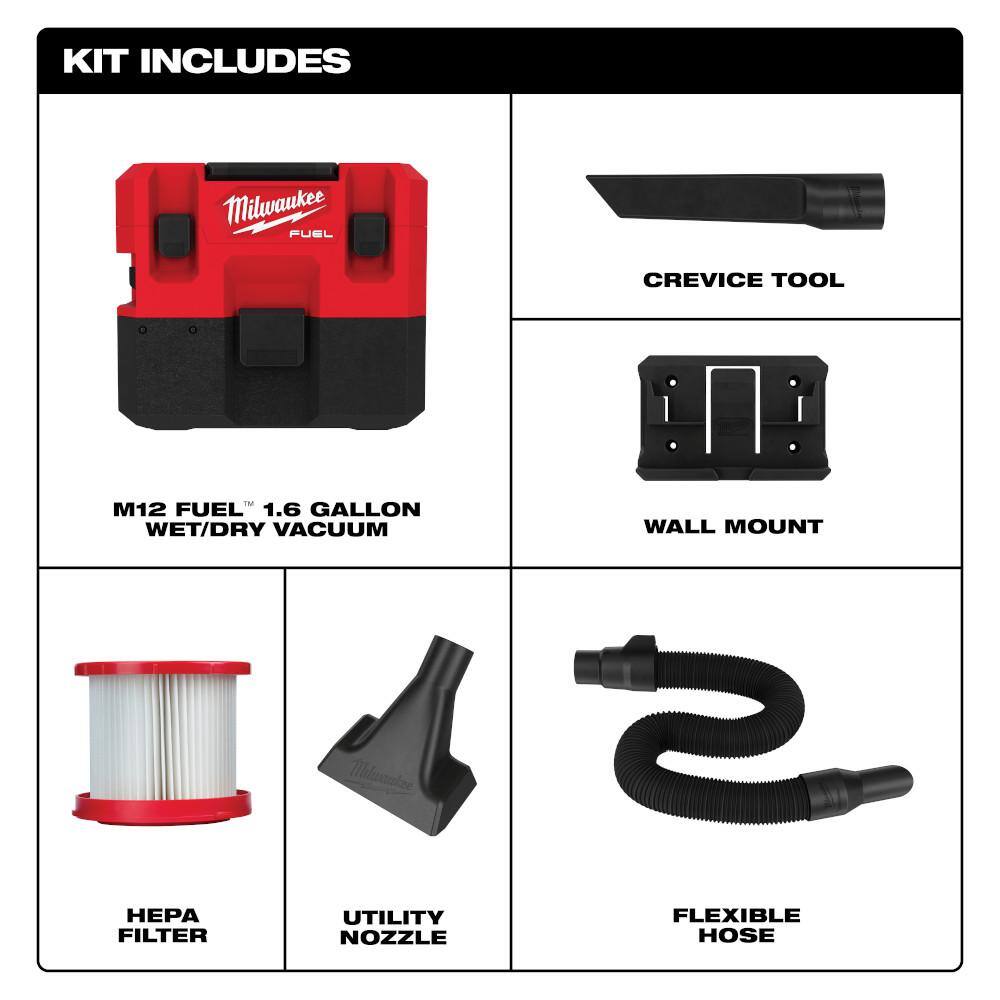 Milwaukee M12 FUEL 12-Volt Lithium-Ion Cordless 1.6 Gal. Wet/Dry Vacuum and Installation Driver with 4.0 Ah Battery and Charger
