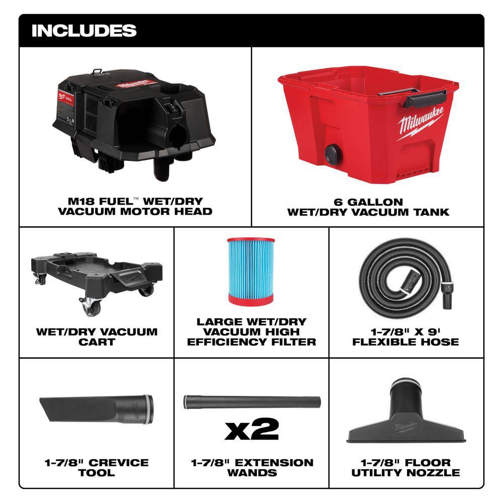 Milwaukee M18 FUEL 6 Gal. Cordless Wet/Dry Shop Vacuum w/Filter, Hose and AIR-TIP 1-1/4 in. - 2-1/2 in. Swiveling Palm Brush Tool