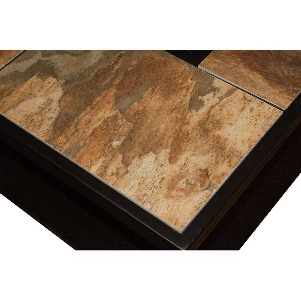 Hanover 9.8 in. Wicker Fire Pit Table in Brown with Porcelain Stone Tile-Top