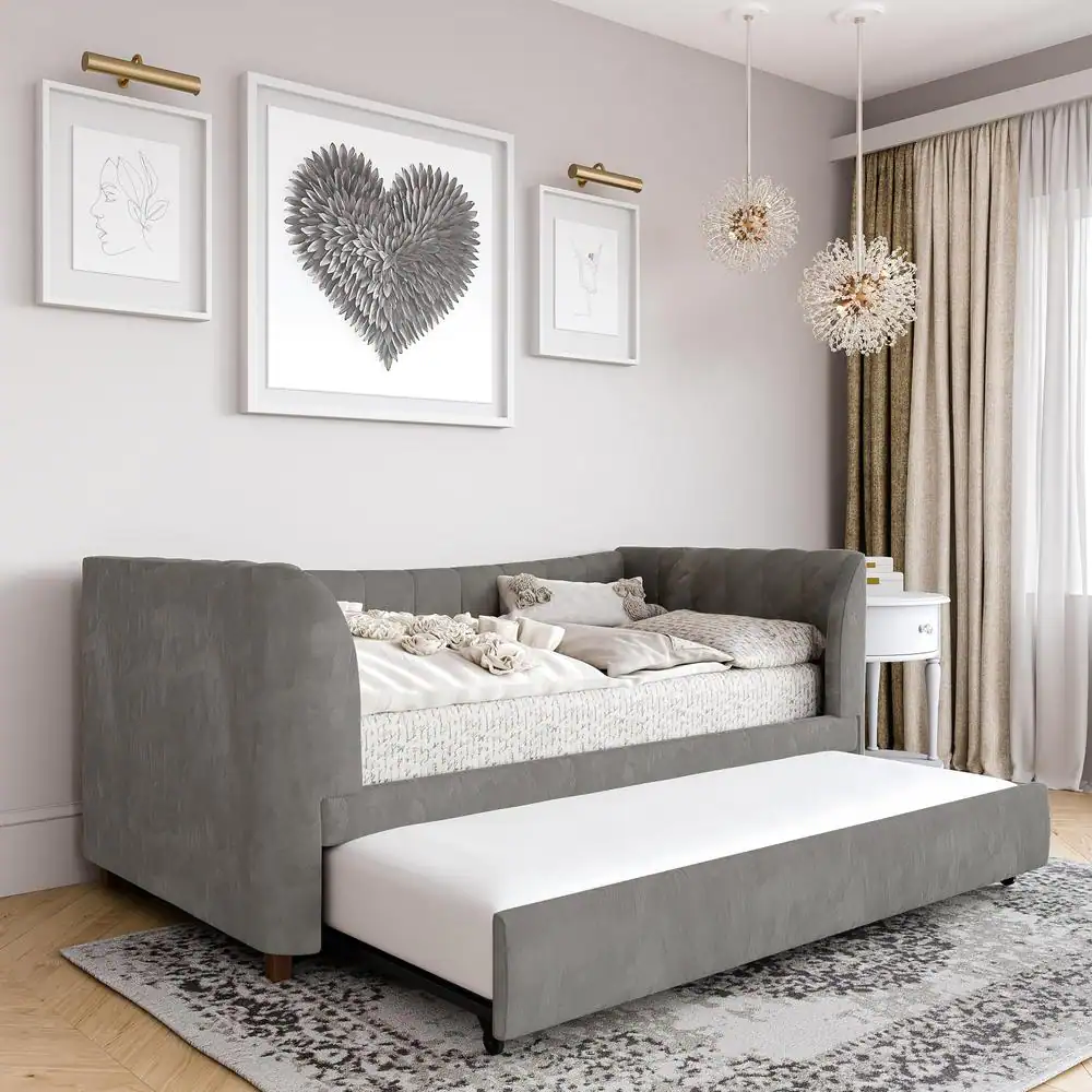 Little Seeds Valentina Gray Velvet Upholstered Twin Size Daybed with Trundle