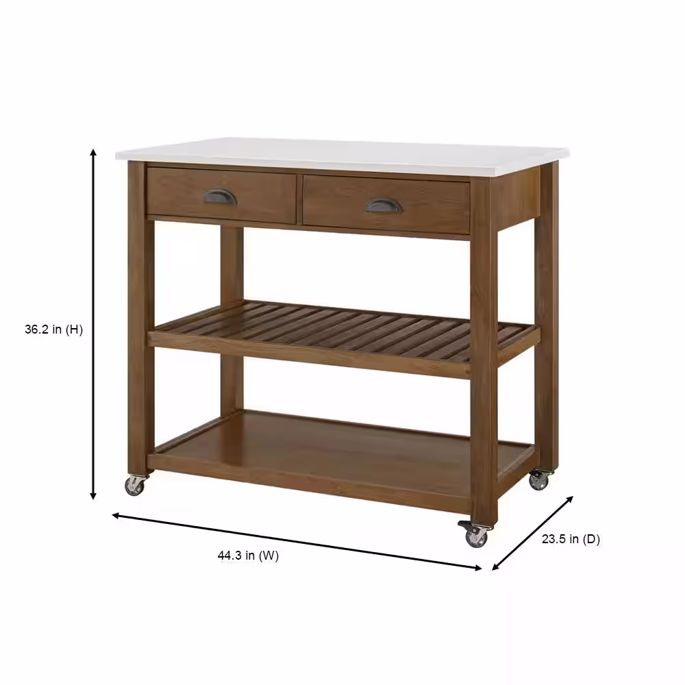 Home Decorators Collection Alstead Wooden Farmhouse Rolling Kitchen Cart with White Marble Top and Double-Drawer Storage (44in. W)