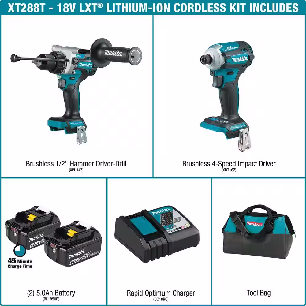 Makita 18V LXT Cordless Brushless Combo Kit 5.0 Ah (2-Pc) with bonus 18V LXT Brushless 4-1/2 in./5 in. Cut-Off/Angle Grinder