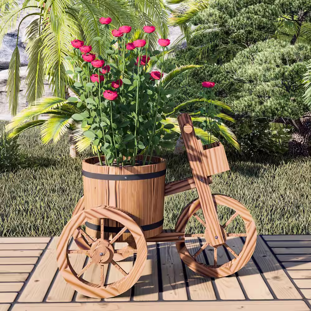 None 20.5 in Dia x 17.3 in H Brown Wooden Handmade Large Barrel Planter