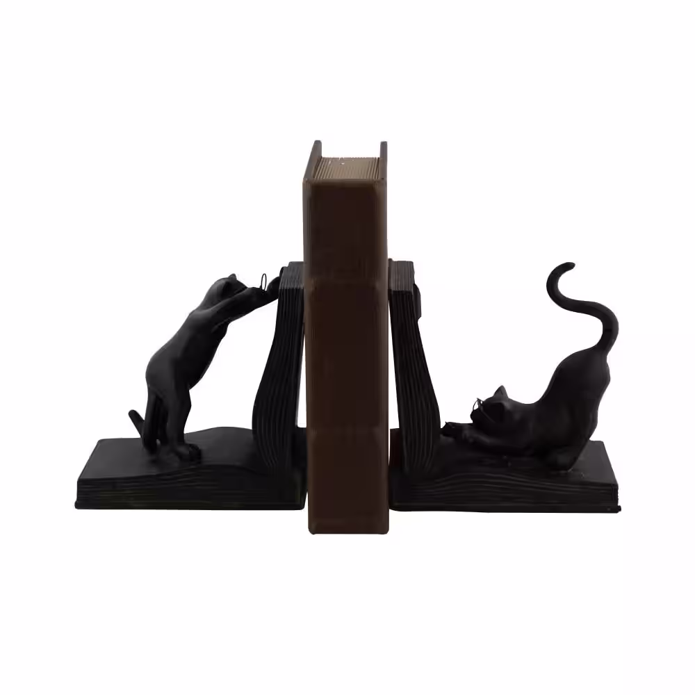 Litton Lane Black Polystone Reading Cat Bookends (Set of 2)