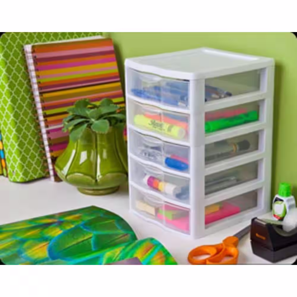 Sterilite Clearview Plastic Small 5 Drawer Desktop Storage Unit, White (12 Pack)