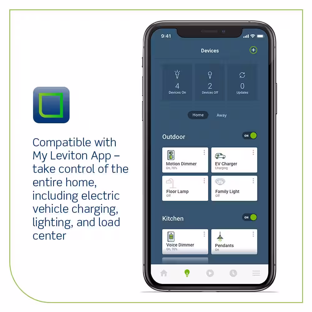 Leviton Level 2 Electric Vehicle Charging Station with Wi-Fi, 48A, 208/240 VAC, 11.6 kW Output, 18 ft. Charging Cable, Hardwired