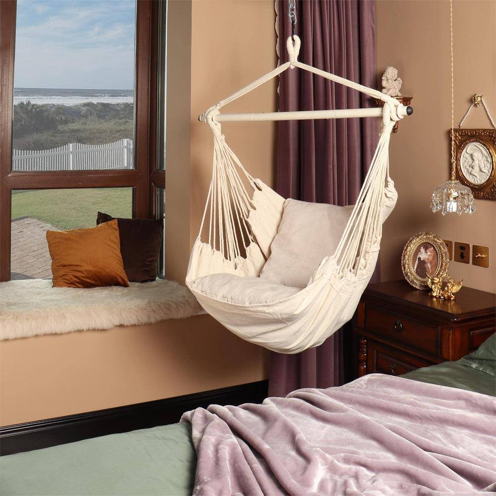 None Hammock Chair Hanging Rope Swing - Max 500 lbs. 2-Cushions Included - Steel Spreader Bar with Anti-Slip Rings (Beige)