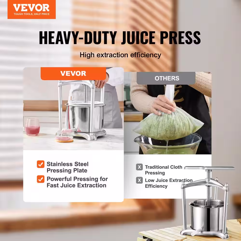 None Fruit Wine Press, 1.6 gal./6 l, 2-Stainless Steel Barrels, Manual Juice Maker, with T-Handle, Triangular Structure