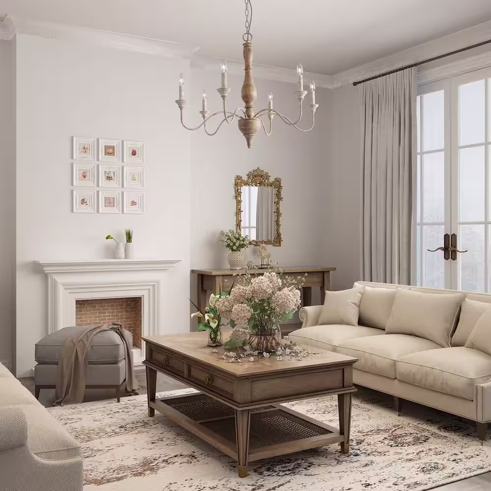 LNC 6-Light Rustic Farmhouse Wood Chandelier 29.5 in. W with Antique White French Country Accents and Classic Candle Style