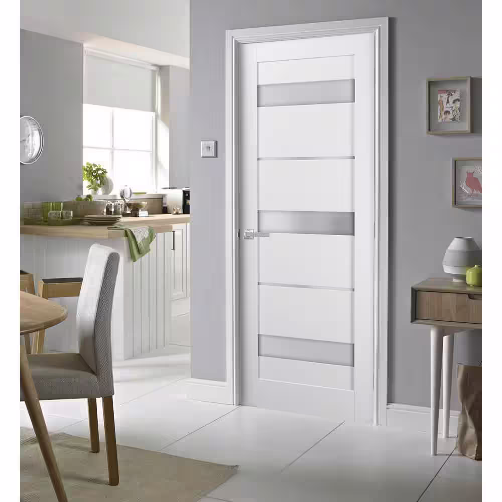 Sartodoors 32 in. x 96 in. Single Panel No Bore Frosted Glass White Finished Pine Wood Interior Door Slab