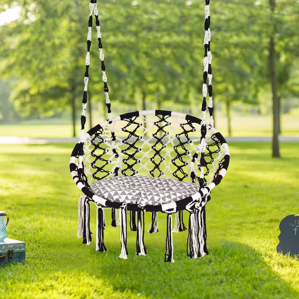 Alpulon 2.7 ft. Portable Hanging Hammock Chair with Cushion in Black and White