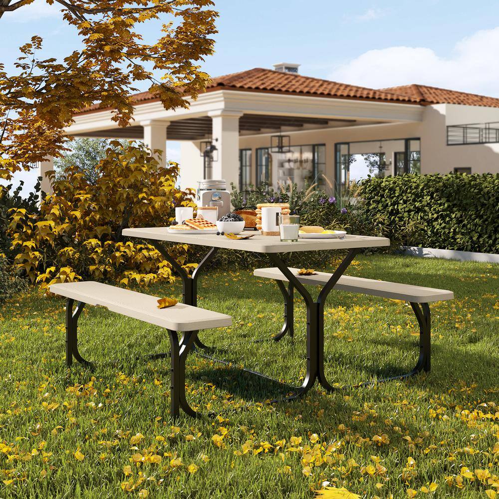 DEXTRUS 6ft. Brown Outdoor Picnic Table and Bench with Umbrella Hole