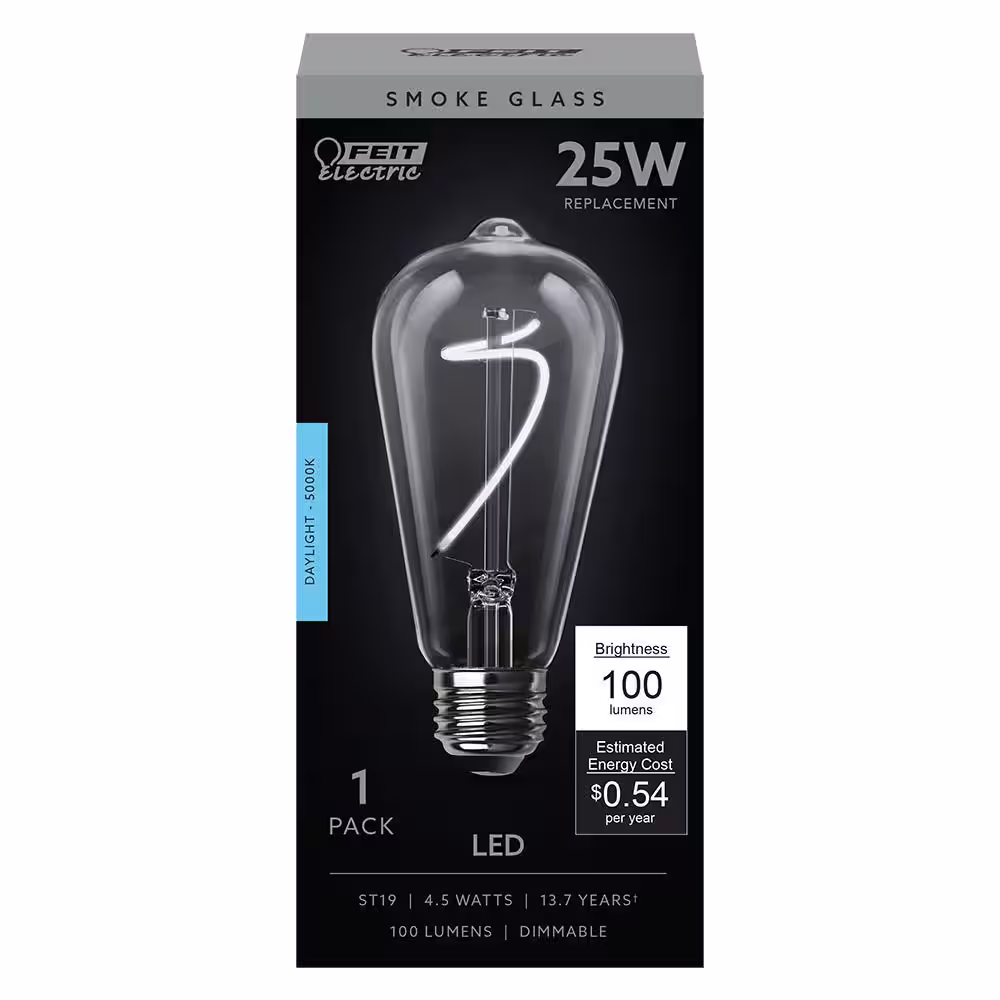 Feit Electric 25-Watt Equivalent ST19 Dimmable Curve Filament Smoke Glass E26 Vintage Edison LED Light Bulb, Daylight 5000K (4-Pack)