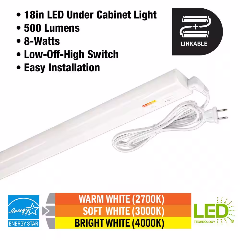 Commercial Electric 18 in. 8-Watt Plug-in Color Changing LED Under Cabinet Light 3-Position Switch Linkable 500 Lumens (5-Pack)