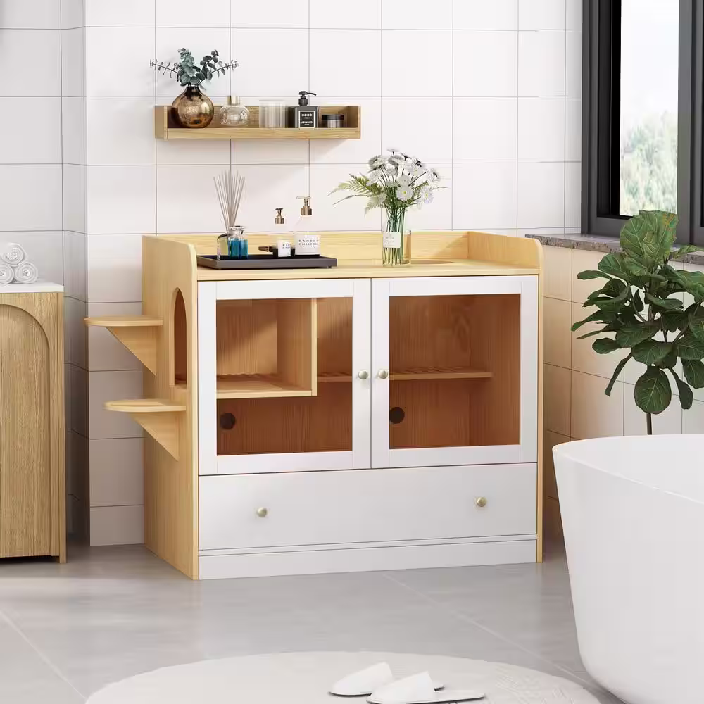 None Extra Large Cat Litter Box Furniture Hidden, Cats Condo Pet House with Stairs, Indoor Cat Litter House, White with Log