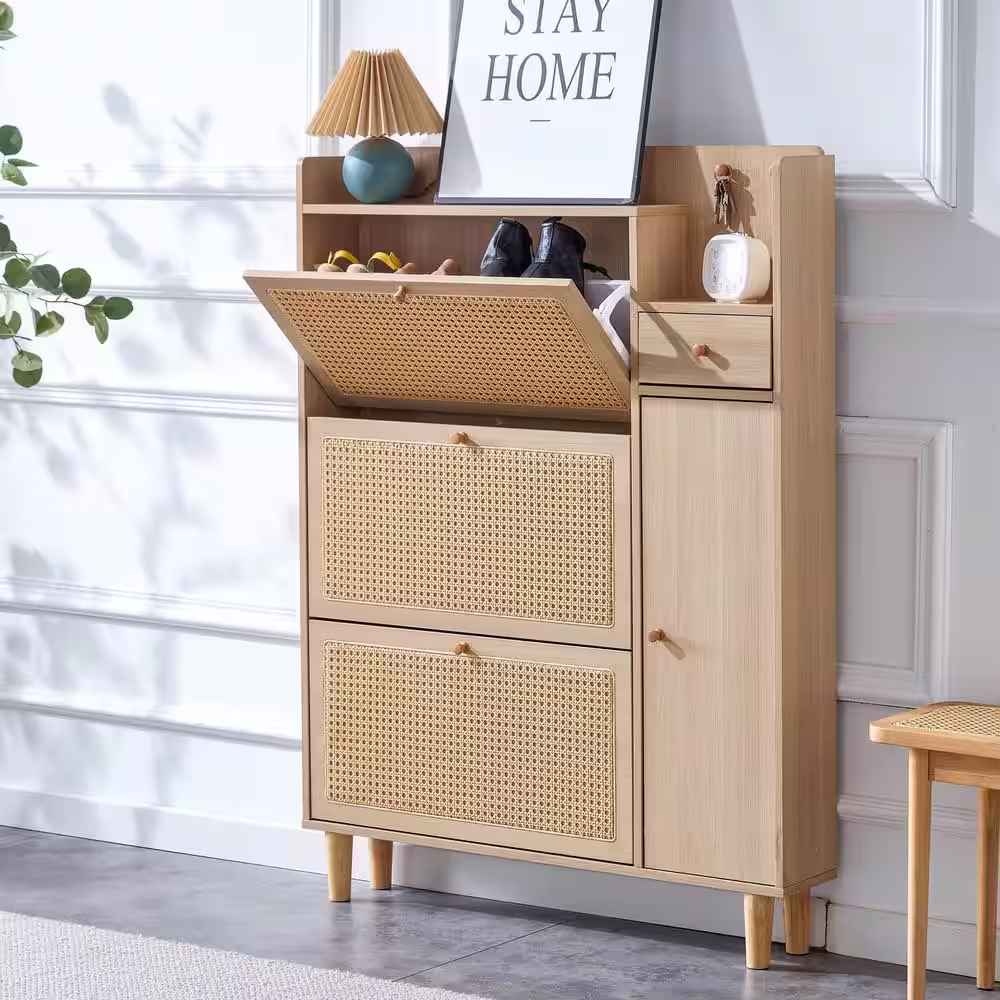 None 49 in. H x 37.4 in. W Natural Wood Shoe Storage Cabinet with Rattan Mesh Design